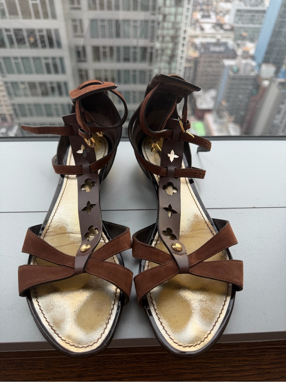 Louis Vuitton Brown Strappy Sandals with Gold Insole